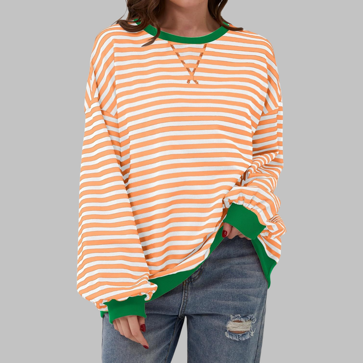 Comoda Felpa a Righe da Donna con Girocollo Maniche Lunghe Bordo a Contrasto Stile Oversize