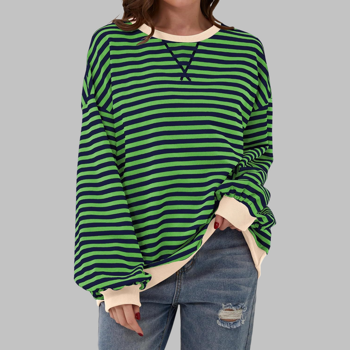 Comoda Felpa a Righe da Donna con Girocollo Maniche Lunghe Bordo a Contrasto Stile Oversize