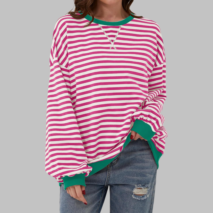Comoda Felpa a Righe da Donna con Girocollo Maniche Lunghe Bordo a Contrasto Stile Oversize