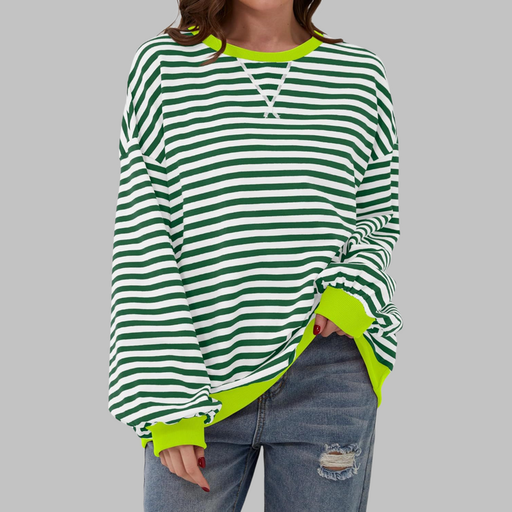 Comoda Felpa a Righe da Donna con Girocollo Maniche Lunghe Bordo a Contrasto Stile Oversize