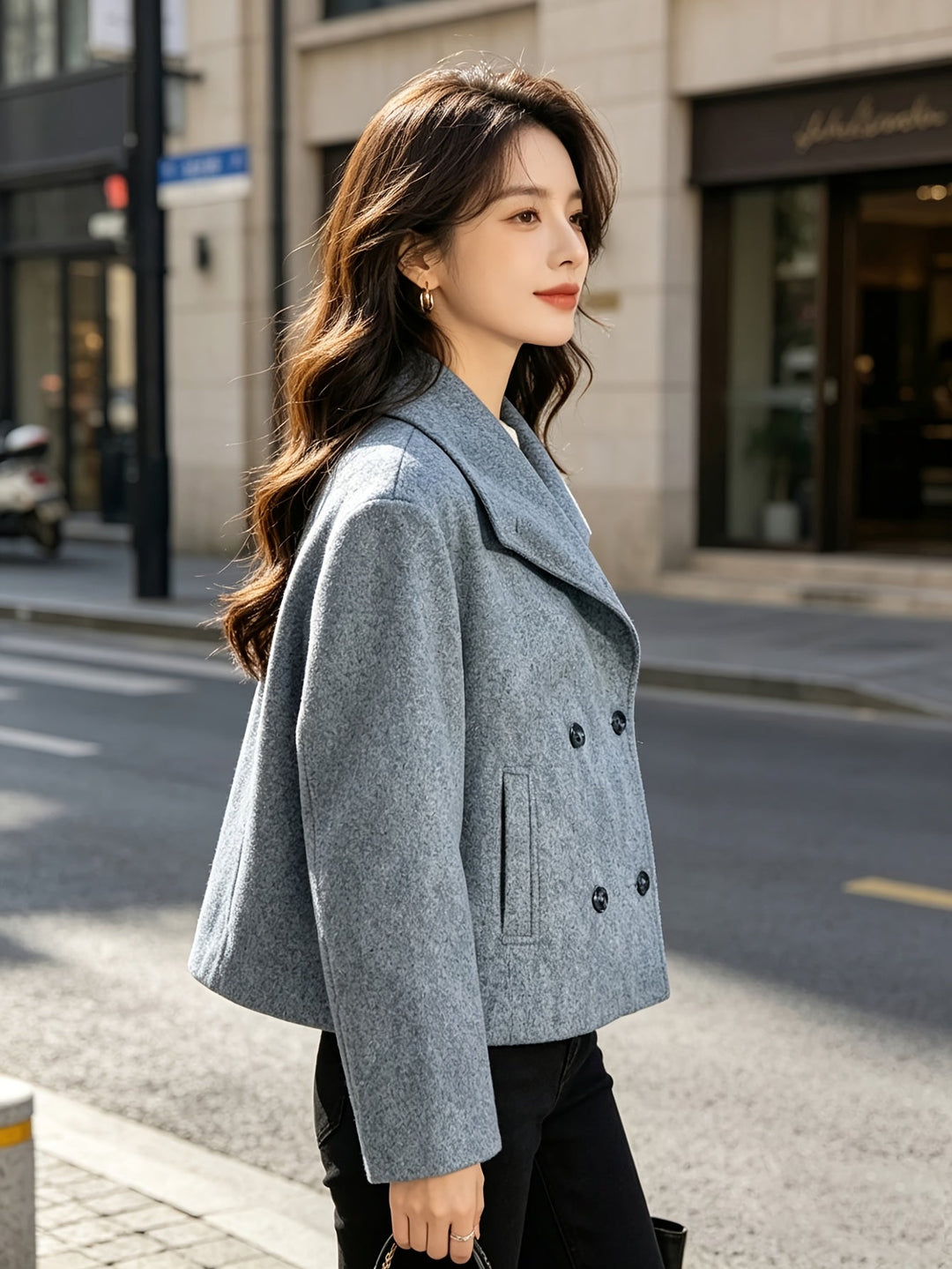 Elegant Wool Pea Coat for Women with Notch Lapel Long Sleeve Double Breasted Cropped Style