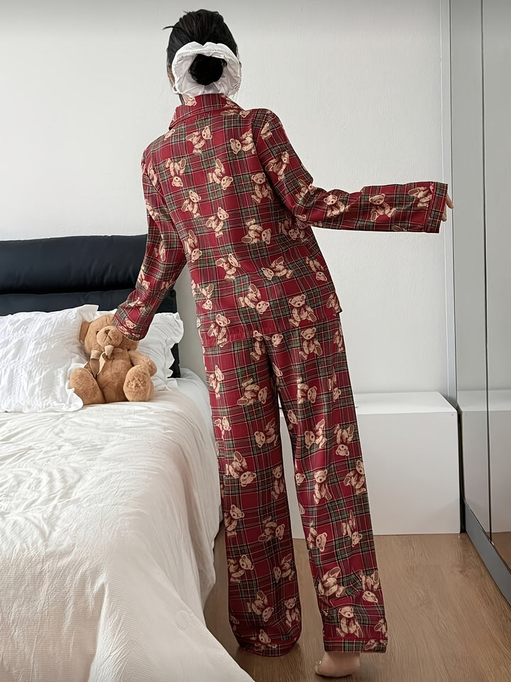 Cozy Bear Plaid Christmas Holiday Pajamas for Women with Notched Collar Long Sleeve Two Piece Style