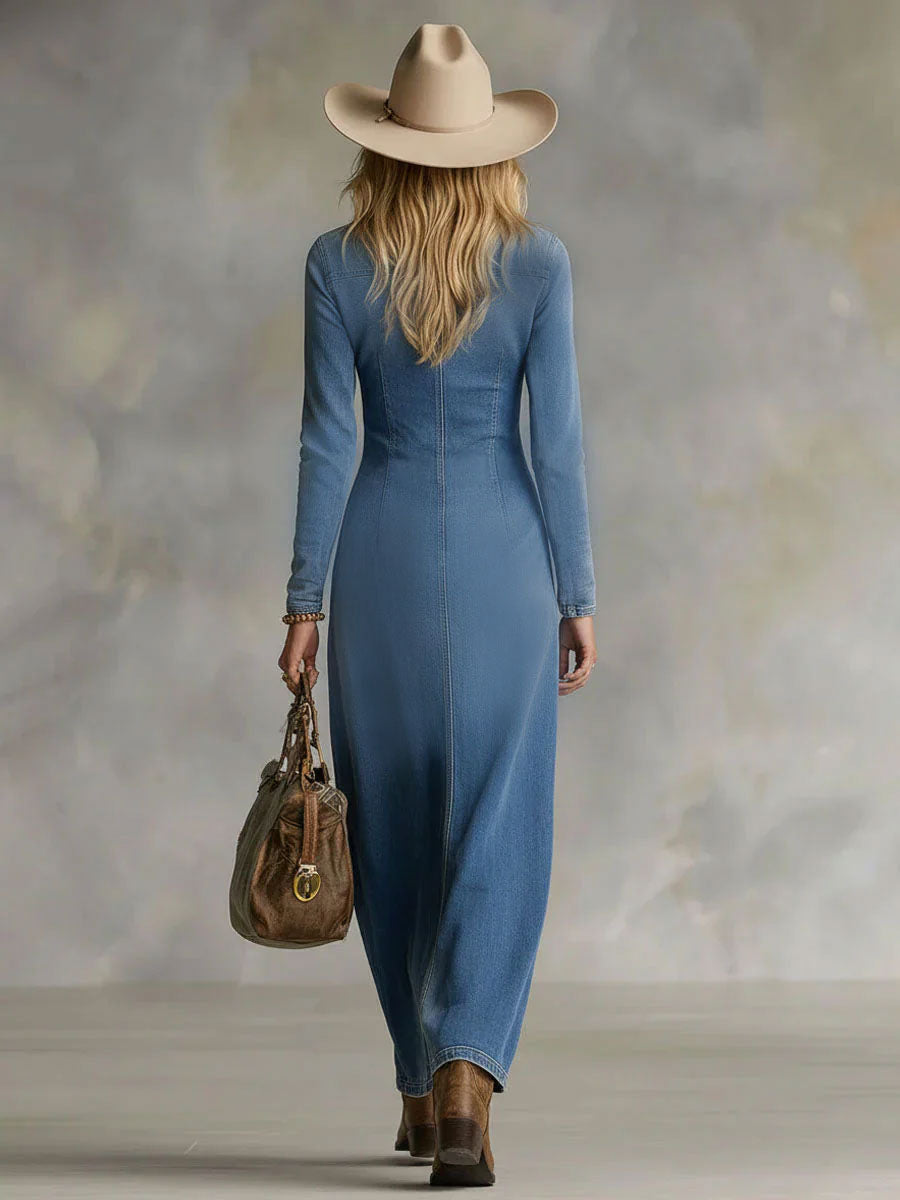 Agape | Abito lungo in denim con scollo a V, monopetto, spacco laterale e maniche lunghe