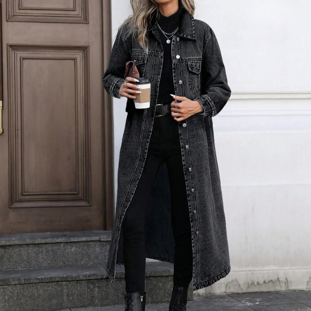 Effortless Denim Jacket for Women with Collar Long Sleeve Button Front Longline Relaxed Style