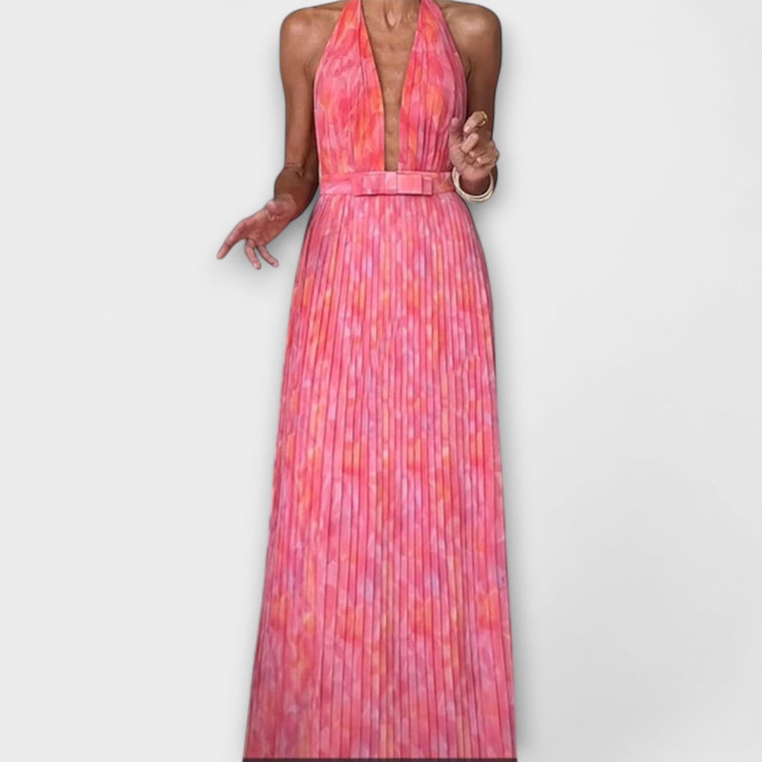 Seraphina - Abito lungo pieghettato con scollo all'americana e scollo a V chic