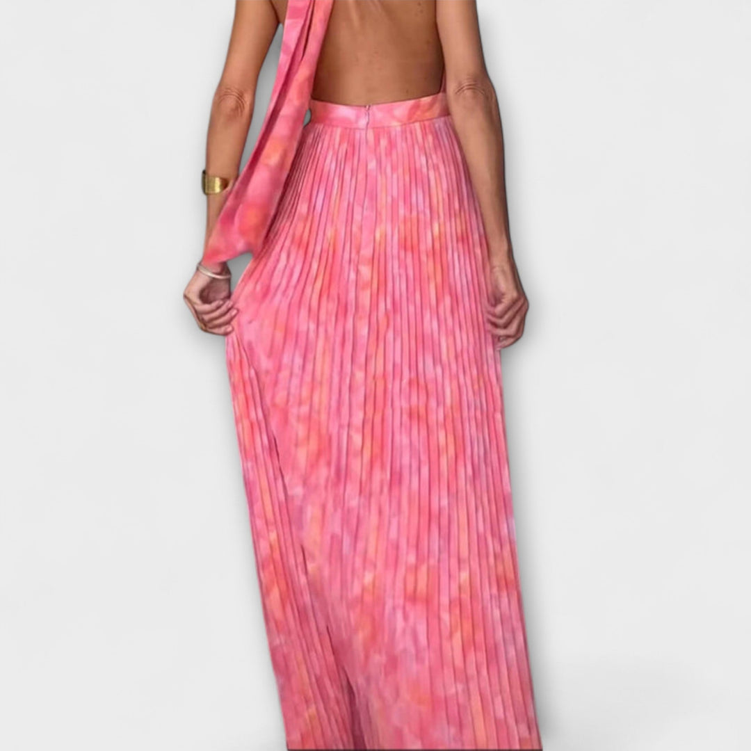 Seraphina - Abito lungo pieghettato con scollo all'americana e scollo a V chic