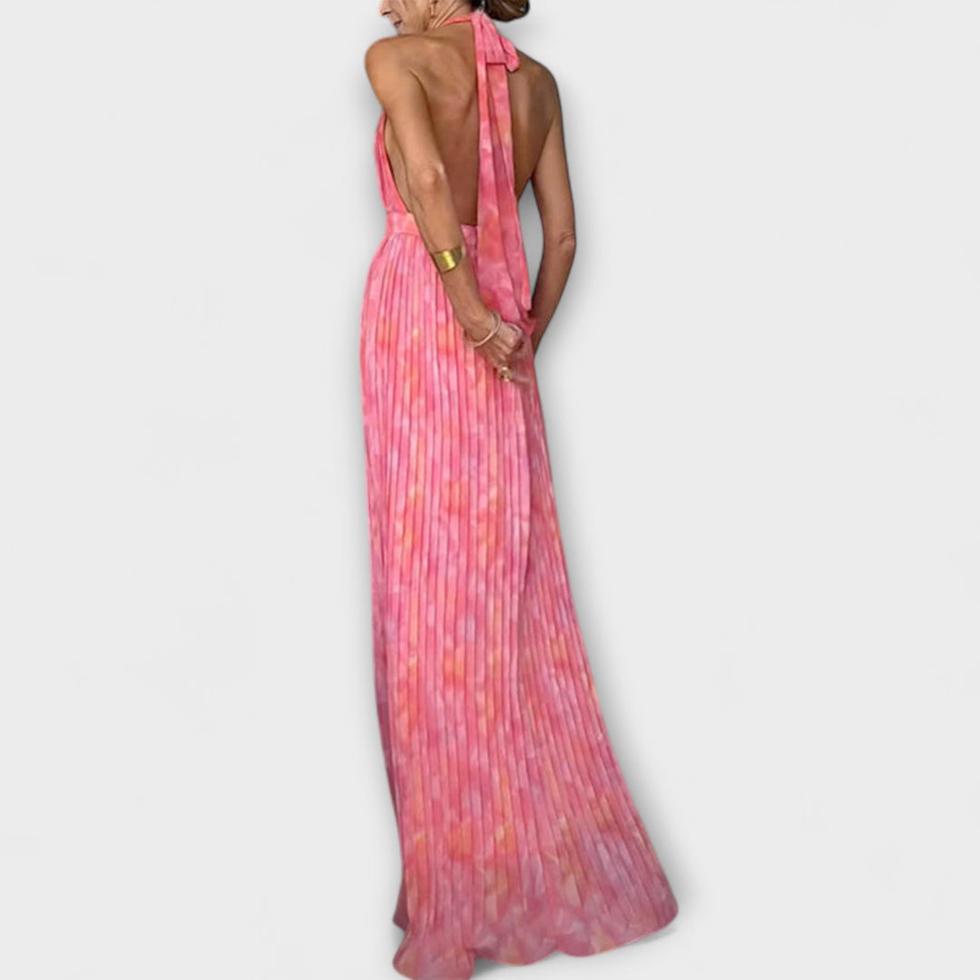 Seraphina - Abito lungo pieghettato con scollo all'americana e scollo a V chic