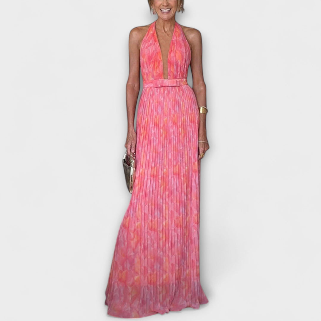 Seraphina - Abito lungo pieghettato con scollo all'americana e scollo a V chic