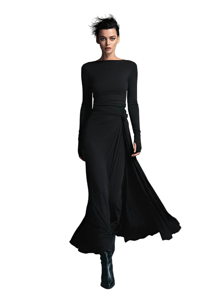 Belle | Women's Gray Exquisite Stretch Blended Fabric Wrap Dress - Knotted Maxi Dress