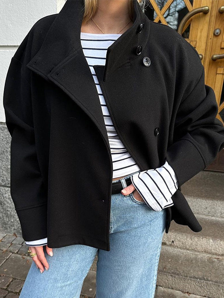 Elegant Wool Pea Coat for Women with Stand Collar Long Sleeve Oversized Button Front Winter Style