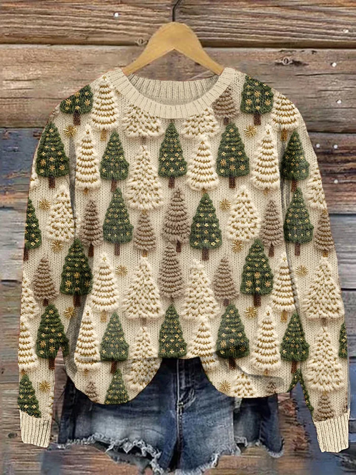 Cozy Embroidered Tree Print Women's Xmas Sweater with Crew Neck Long Sleeve Relaxed Knit Style