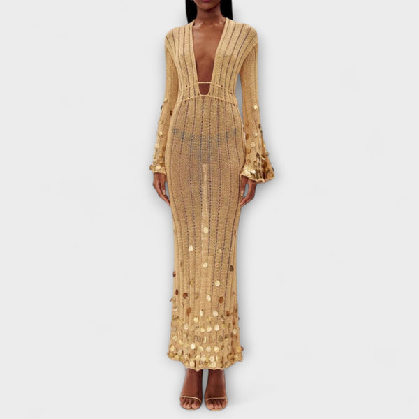 gold knit maxi dress Kathleen Purchase Type:Buy upload-20260831 Maxi Dress Cocktail Dress Its bodycon silhouette accentuates