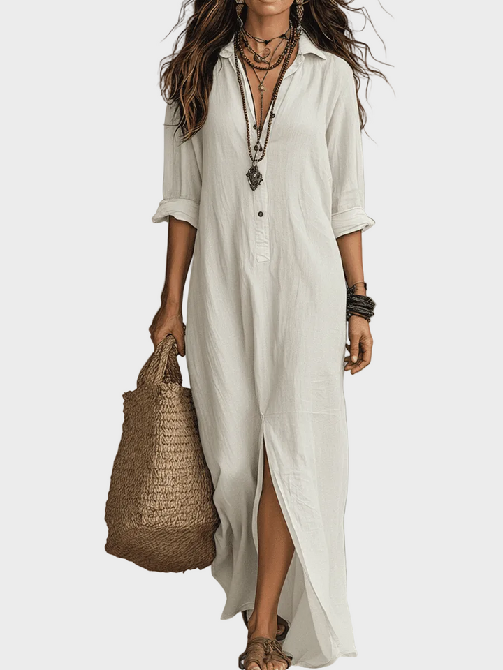 Delilah | Black Button-Front Bohemian Shirt Maxi Dress