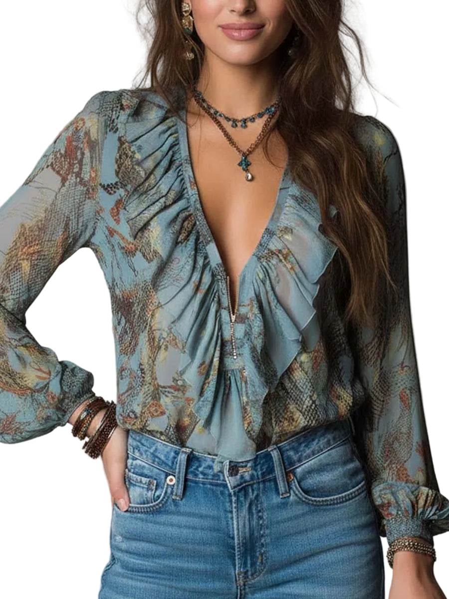 Camicetta in Chiffon Stampa Floreale Serpente con Volant e Zip – Azzurro Nebbia