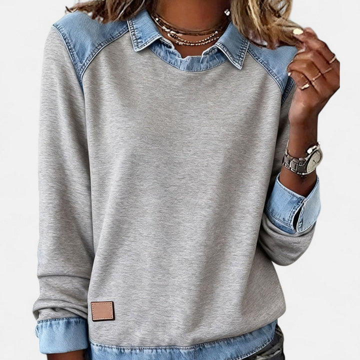 Felpa da donna senza sforzo in denim patchwork con colletto, maniche lunghe raglan e stile casual rilassato