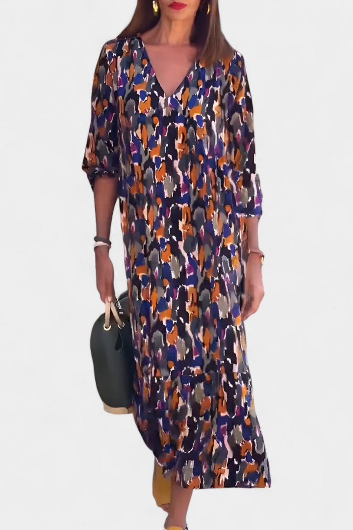 Teodora Retro Dress with V-Neck and Puff Sleeves