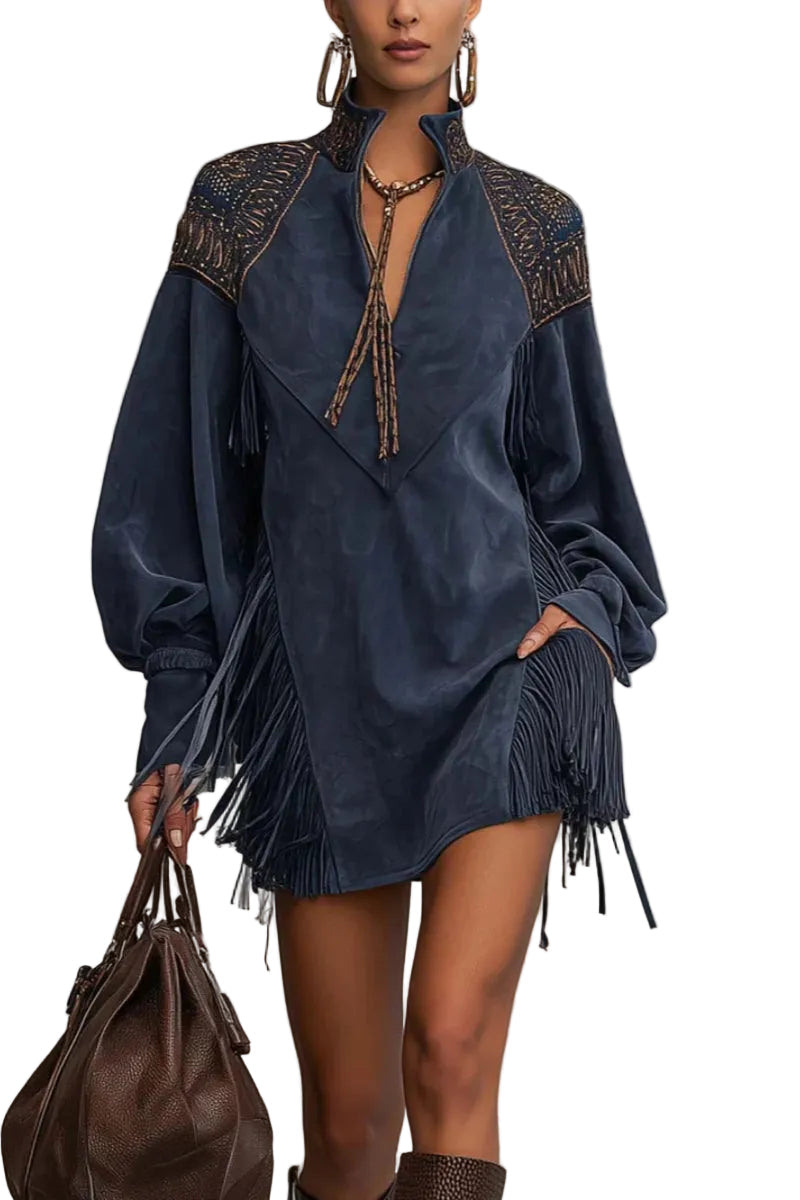 Renata -  Indigo Faux Suede Embroidered Tassel Mini Dress