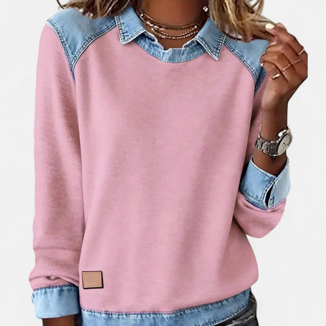 Felpa da donna senza sforzo in denim patchwork con colletto, maniche lunghe raglan e stile casual rilassato