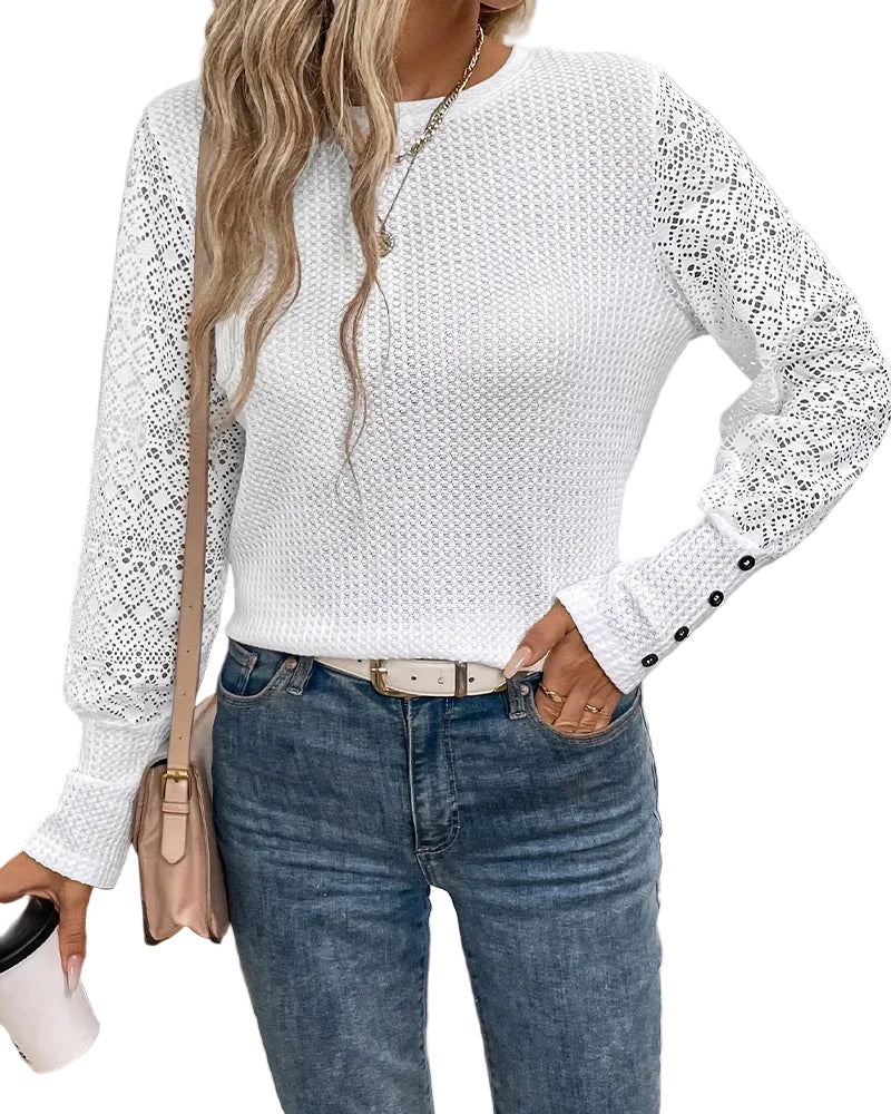 Top in pizzo all'uncinetto maniche lunghe