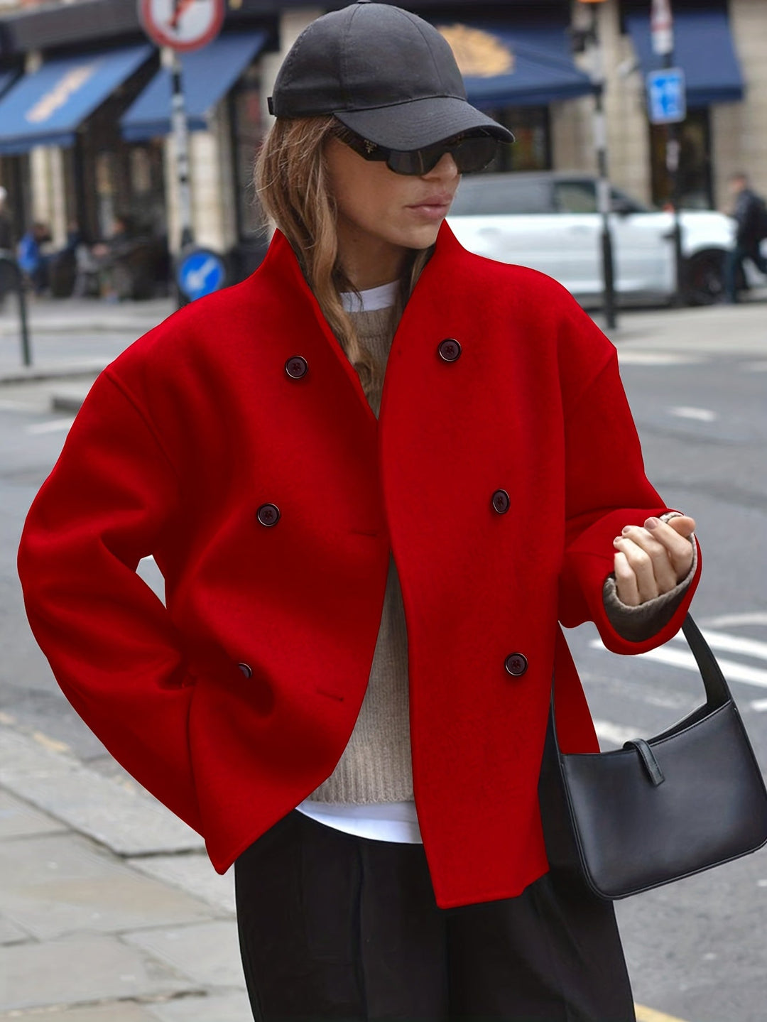 Effortless Wool Pea Coat for Women with Stand Collar Long Sleeve Double Breasted Oversized Casual Style