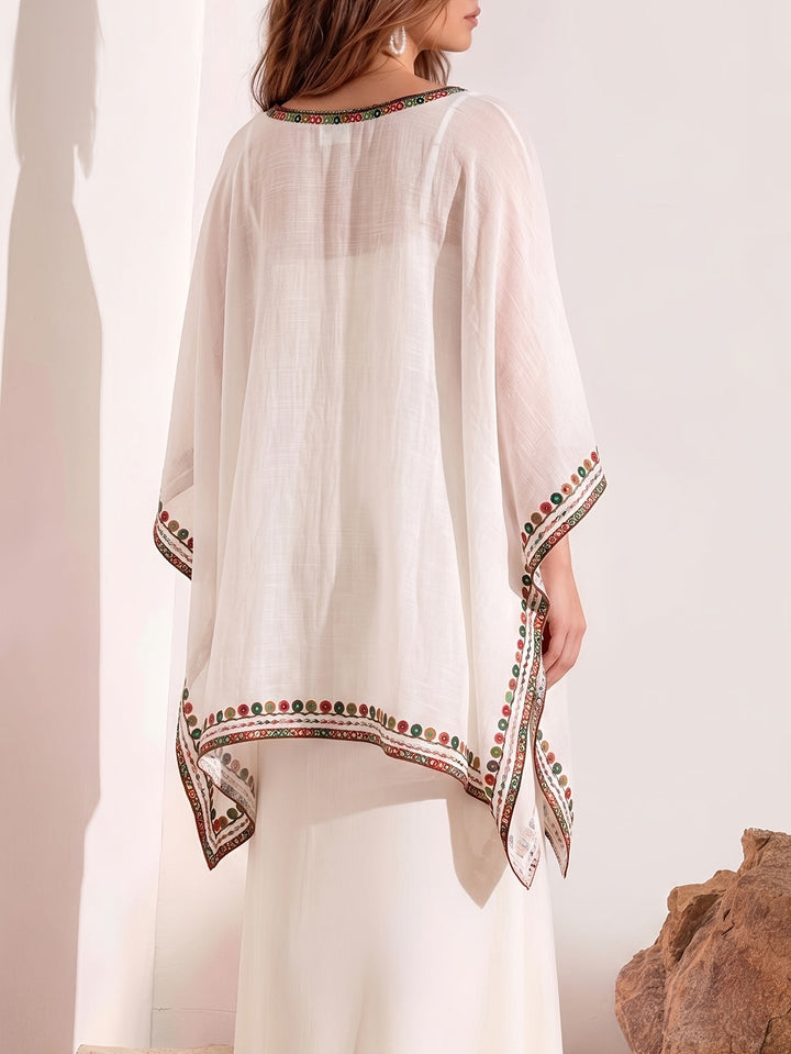 Effortless Poncho Shirt for Women with V Neck Embroidered Trim Draped Kaftan Style