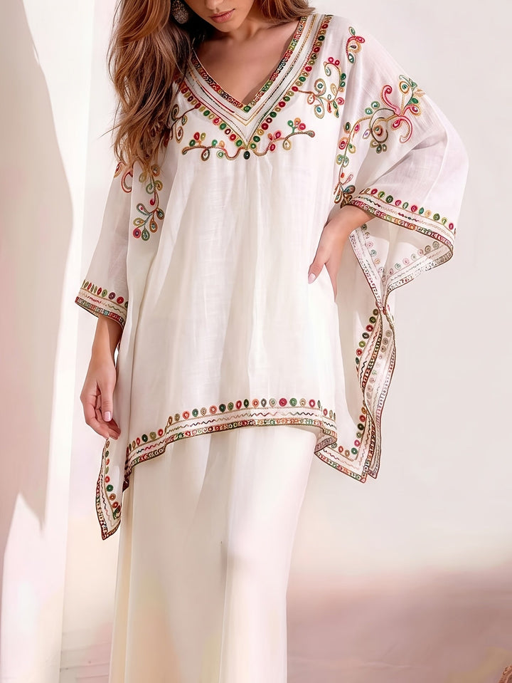 Effortless Poncho Shirt for Women with V Neck Embroidered Trim Draped Kaftan Style