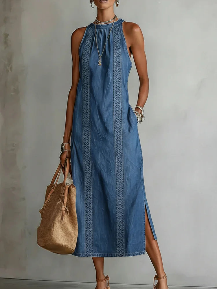 Abito in denim con dettagli in pizzo | Abito retrò abbottonato sul davanti
