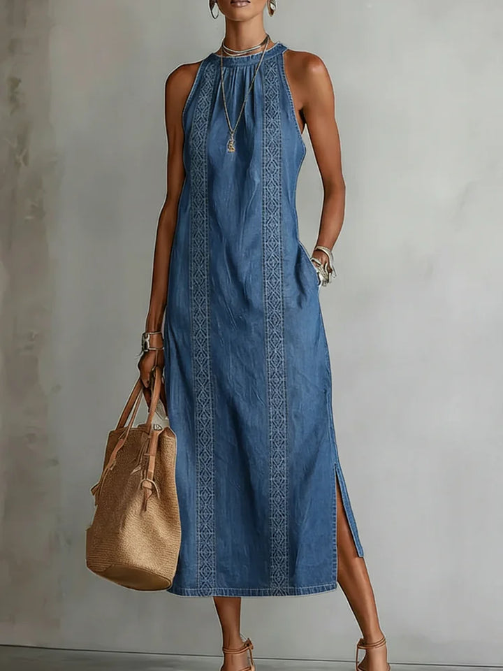Abito in denim con dettagli in pizzo | Abito retrò abbottonato sul davanti