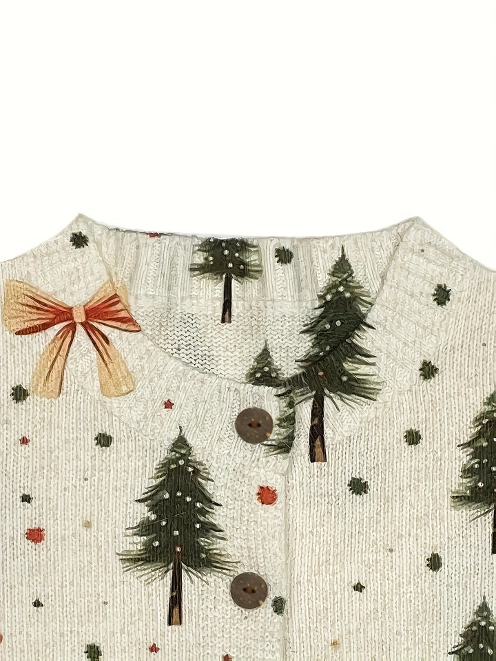 Comfortable Bow Print Christmas Sweater for Women with V Neck Long Sleeve Button Front Relaxed Knit Style