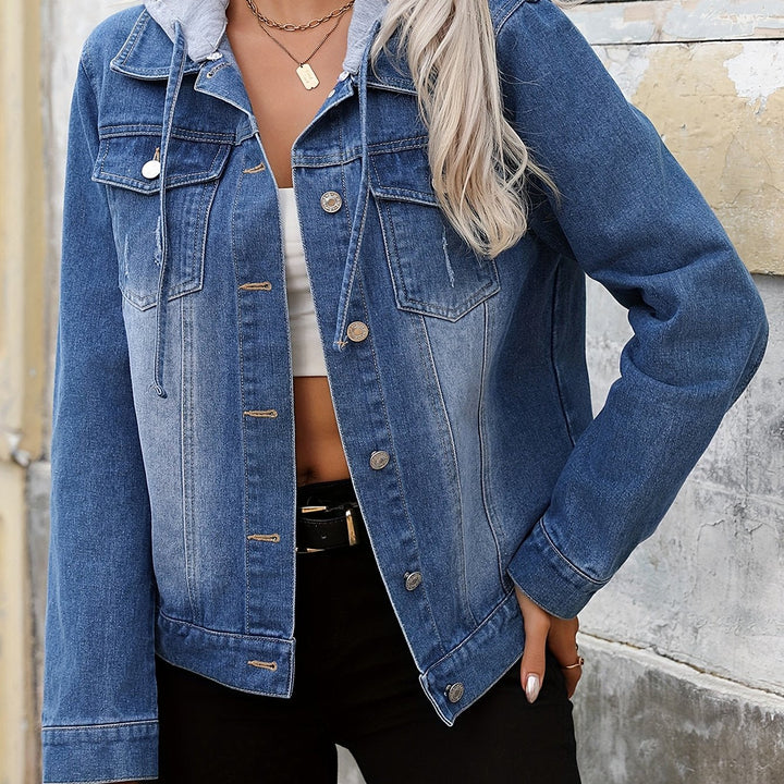 Effortless Blue Jean Jacket for Women with Hooded Collar Long Sleeve Button Front Relaxed Style