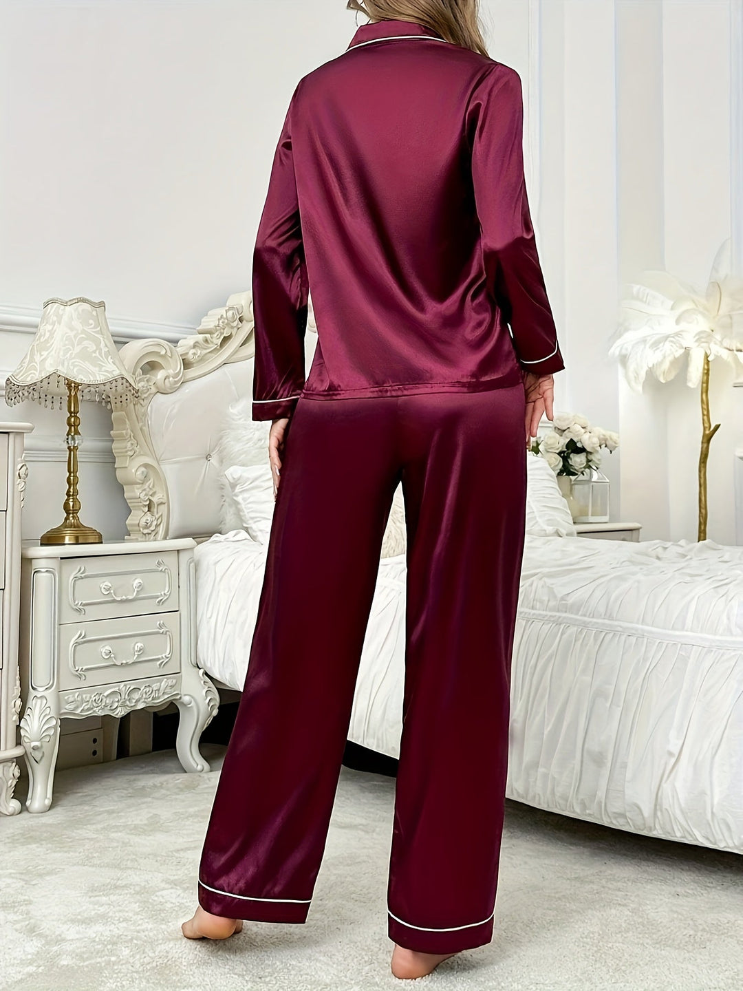 Comfortable Burgundy Pajamas for Women with Satin Collar Piping Long Sleeve
