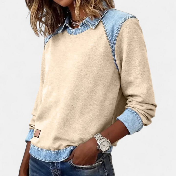 Felpa da donna senza sforzo in denim patchwork con colletto, maniche lunghe raglan e stile casual rilassato