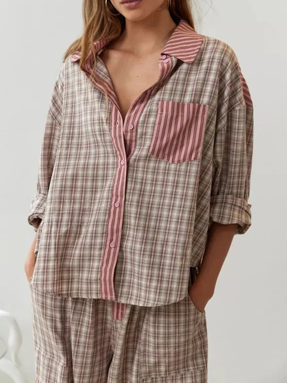 Effortless Striped Plaid Pajama Set for Women with Collar Long Sleeve Wide Leg Two Piece Style
