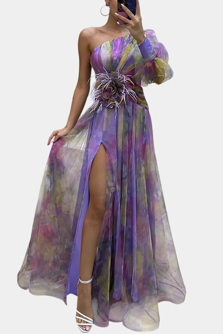 Robe longue asymétrique Amelie à épaule unique et motif artistique