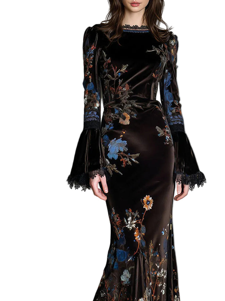 Jane | Robe longue en velours fleuri Elegance Midnight à bordure en dentelle