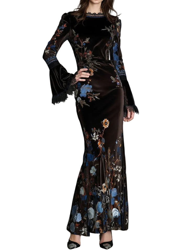 Jane | Robe longue en velours fleuri Elegance Midnight à bordure en dentelle