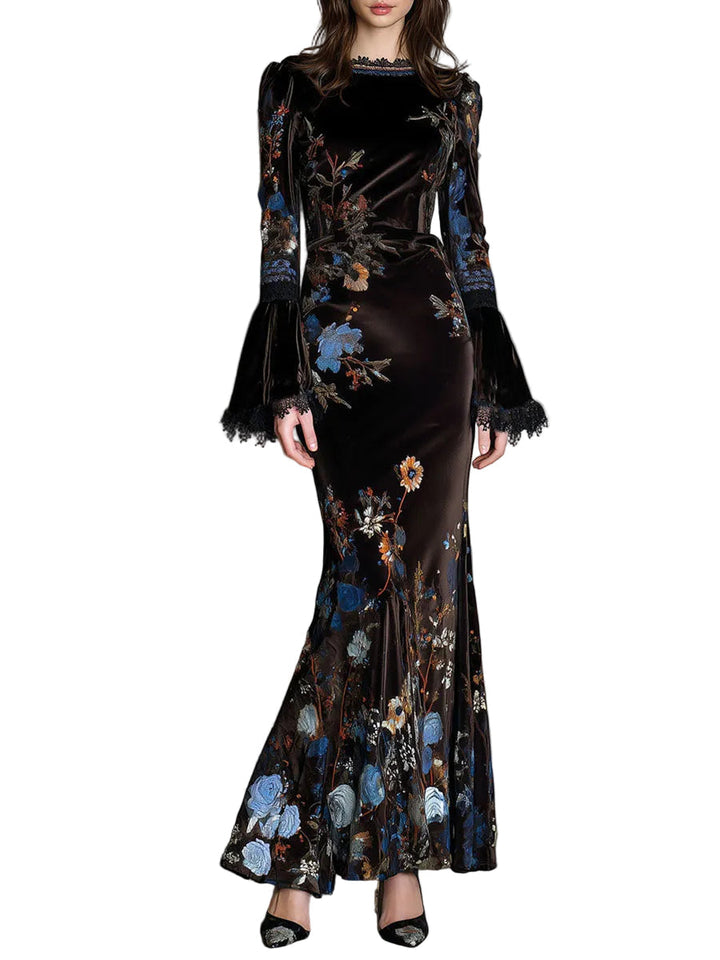 Jane | Robe longue en velours fleuri Elegance Midnight à bordure en dentelle