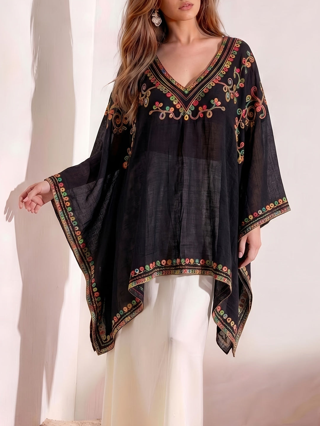 Effortless Poncho Shirt for Women with V Neck Embroidered Trim Draped Kaftan Style