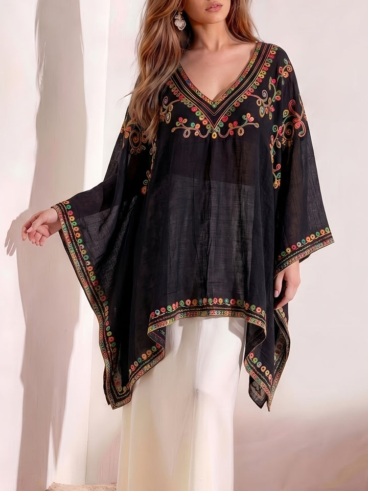 Effortless Poncho Shirt for Women with V Neck Embroidered Trim Draped Kaftan Style