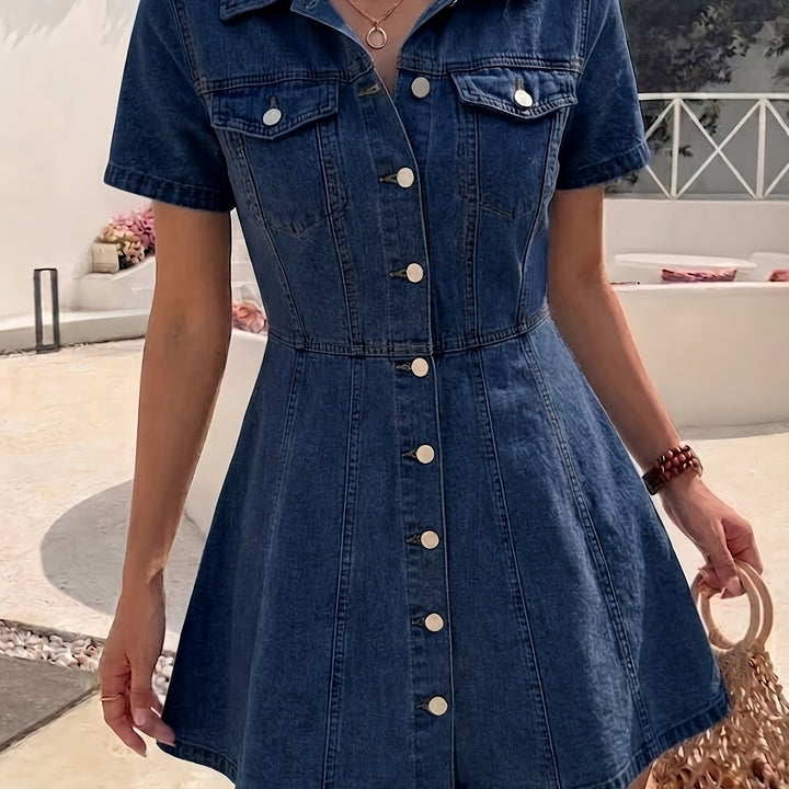 Elegant Deep Blue Denim Jacket for Women with Button-Front A-Line Fitted Flared Hem