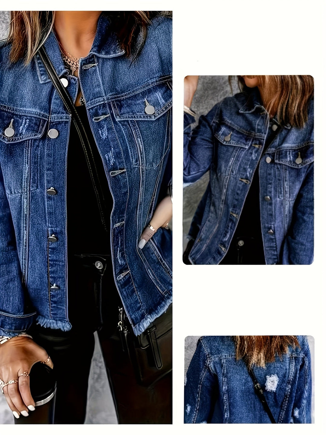 Effortless Deep Blue Distressed Jean Jacket for Women with Collar Long Sleeve Button Front Frayed Relaxed Style