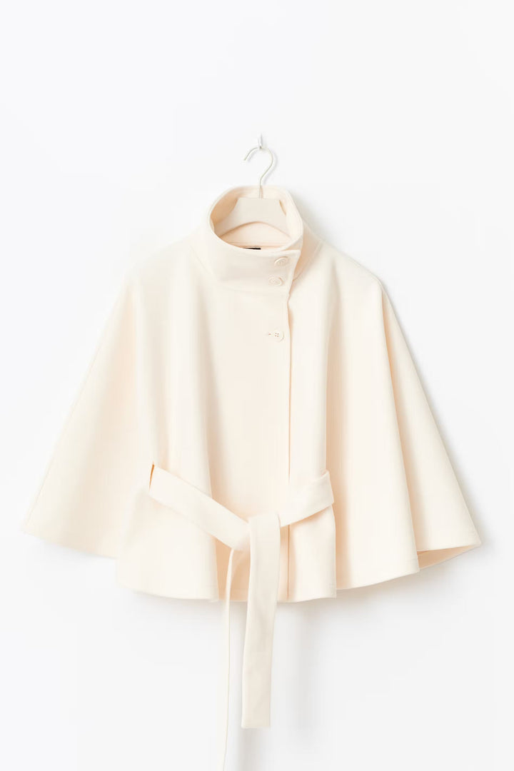 Elegant Wool Jacket for Women with Funnel Neck Batwing Sleeve Belted Cape Style