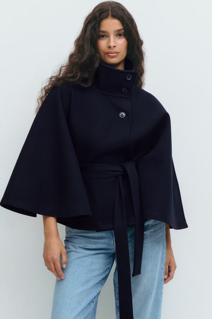 Elegant Wool Jacket for Women with Funnel Neck Batwing Sleeve Belted Cape Style