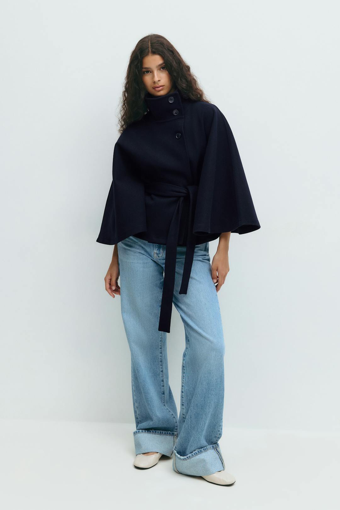 Elegant Wool Jacket for Women with Funnel Neck Batwing Sleeve Belted Cape Style