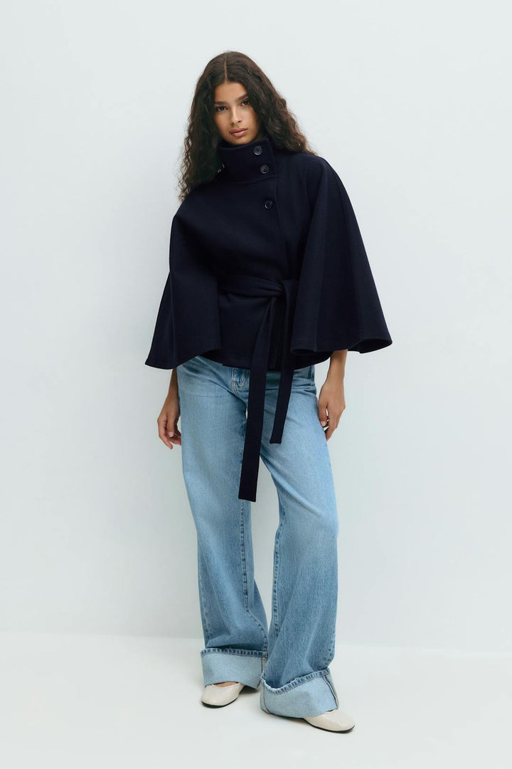 Elegant Wool Jacket for Women with Funnel Neck Batwing Sleeve Belted Cape Style