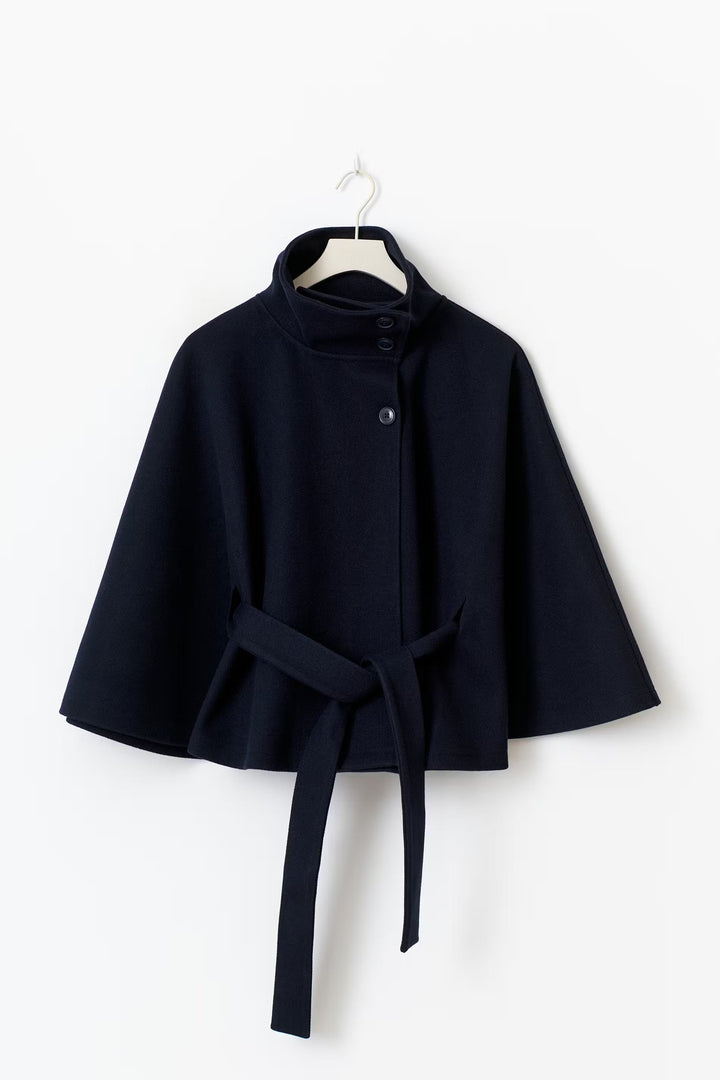 Elegant Wool Jacket for Women with Funnel Neck Batwing Sleeve Belted Cape Style