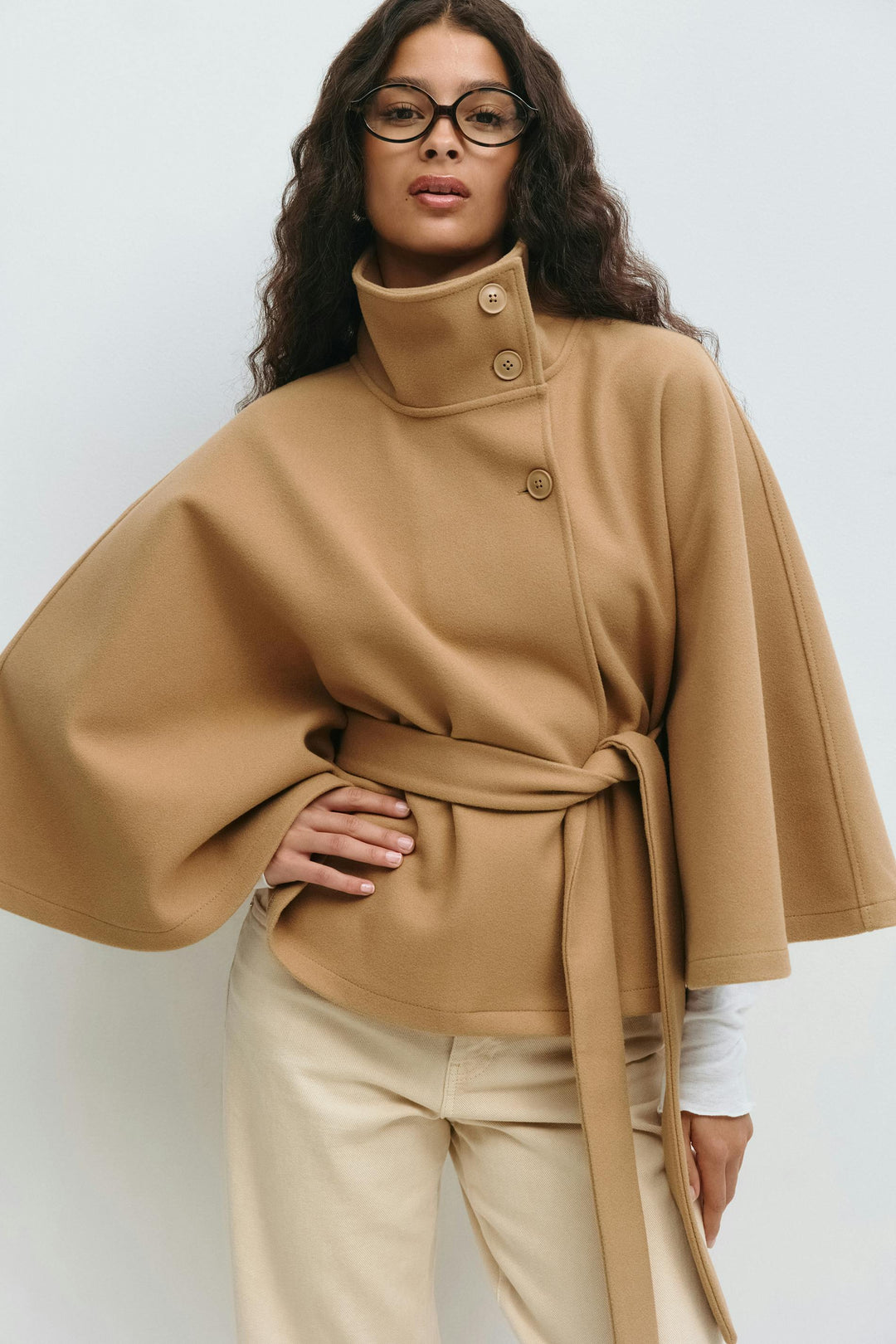 Elegant Wool Jacket for Women with Funnel Neck Batwing Sleeve Belted Cape Style