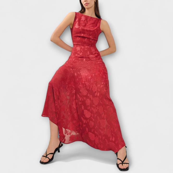 Opal - Elegant Backless Lace-Up Jacquard Maxi Dress