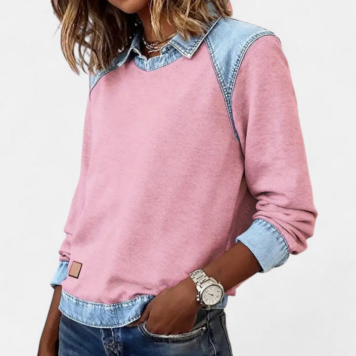 Felpa da donna senza sforzo in denim patchwork con colletto, maniche lunghe raglan e stile casual rilassato