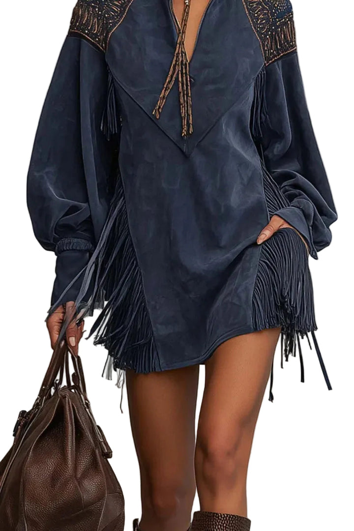 Renata -  Indigo Faux Suede Embroidered Tassel Mini Dress
